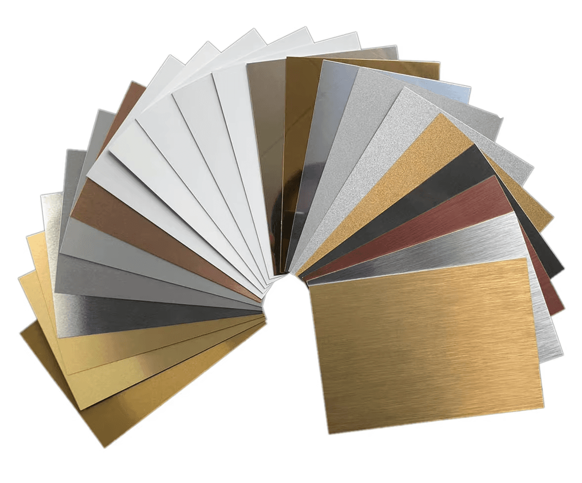 A fan of aluminium sublimation sheets in gold, silver, copper, pearl and brushed finishes